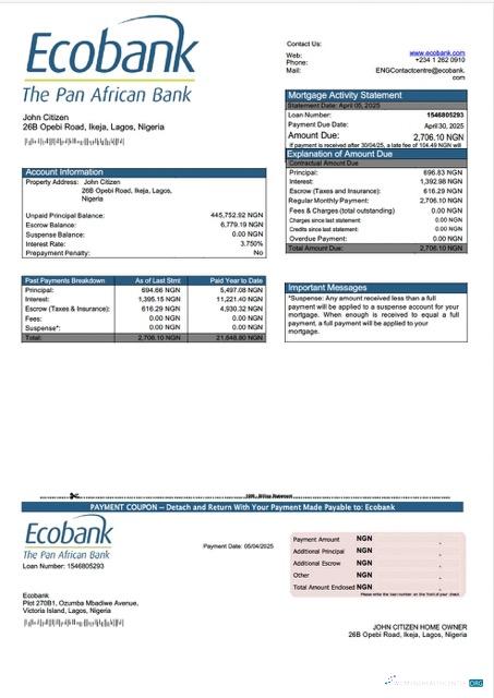 Download Nigeria Ecobank mortgage statement Word and PDF template Photoshop template